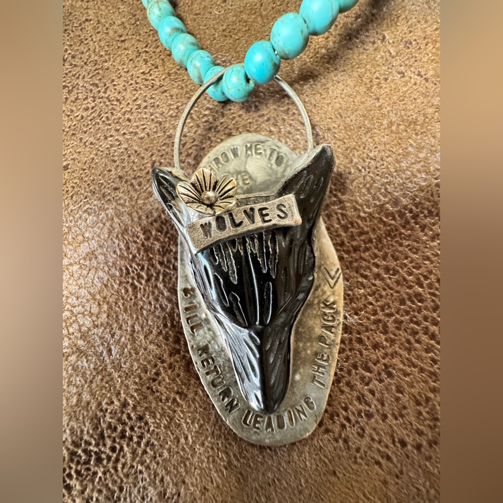 Handmade Western Metal and Turquoise Wolf Pendant Necklace by Harley & Maude’s